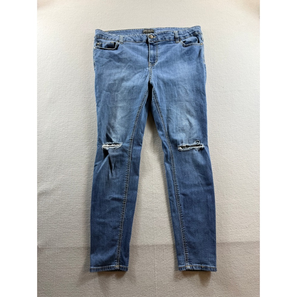 Forever 21+ Skinny Jeans Womens 18 Blue Distressed Knee Mid Rise Stretch 37x29